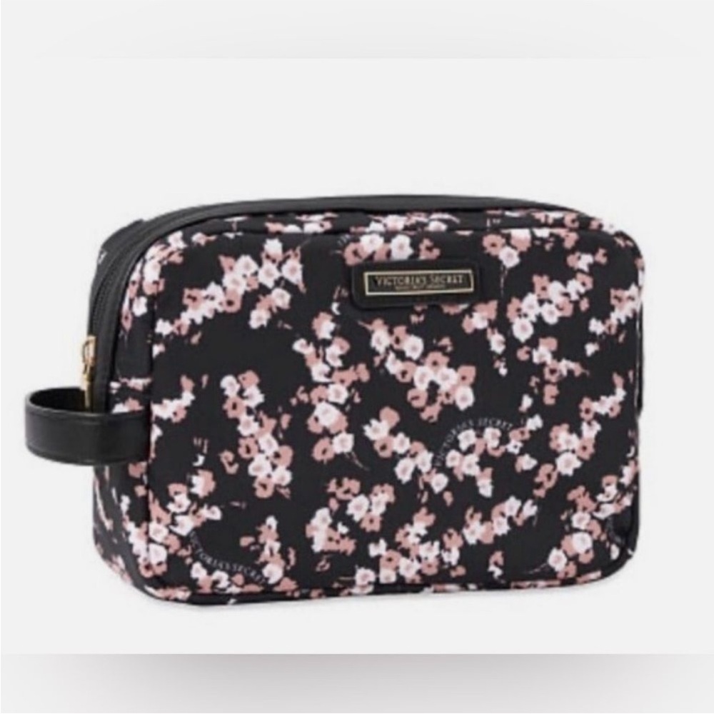 Victoria's Secret Black and Pink Floral Cosmetic Bag